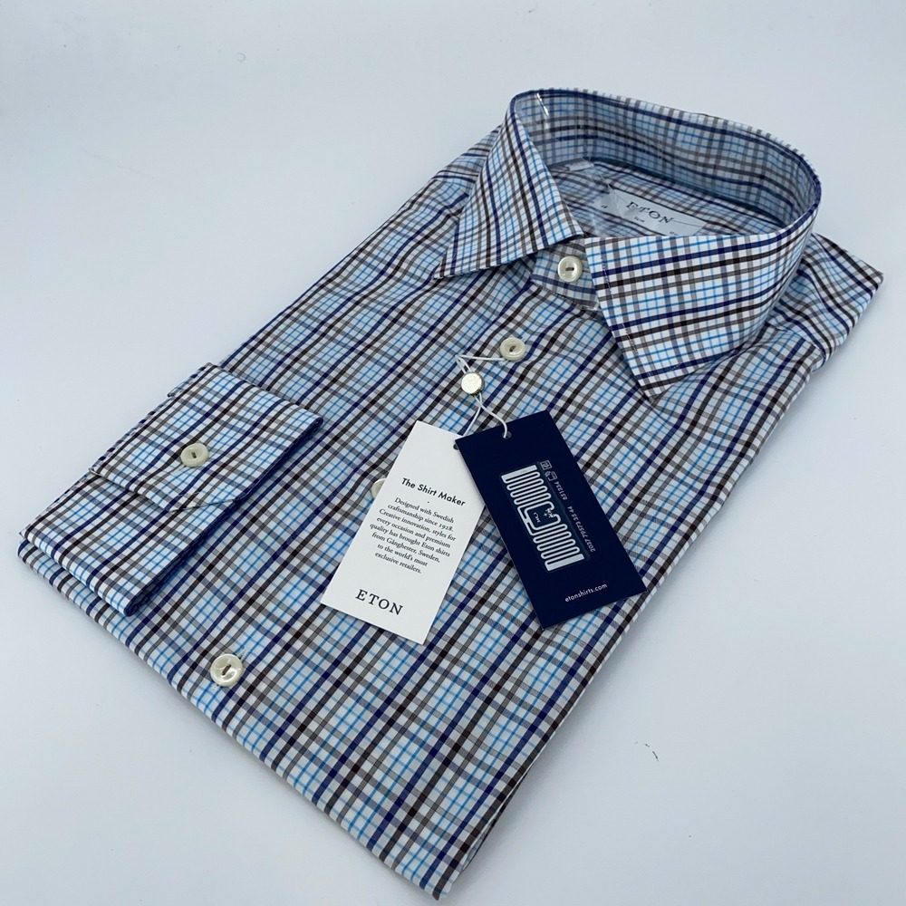 Eton Dress Shirt Mens XL 17 1/2 - 44 Colorful Check Poplin Long Sleeve Button Up